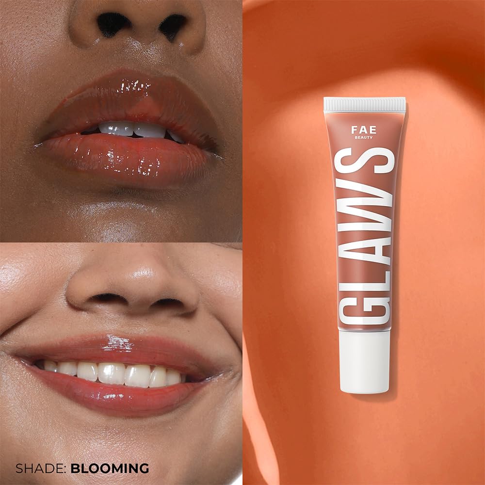 FAE Beauty Peptide Lip Gloss | With Passionfruit Oil & Argireline to Smoothen, Even, and Soften Lips | Non Sticky | Hydrating | Vegan | Shade Blooming | Warm Coral Brown