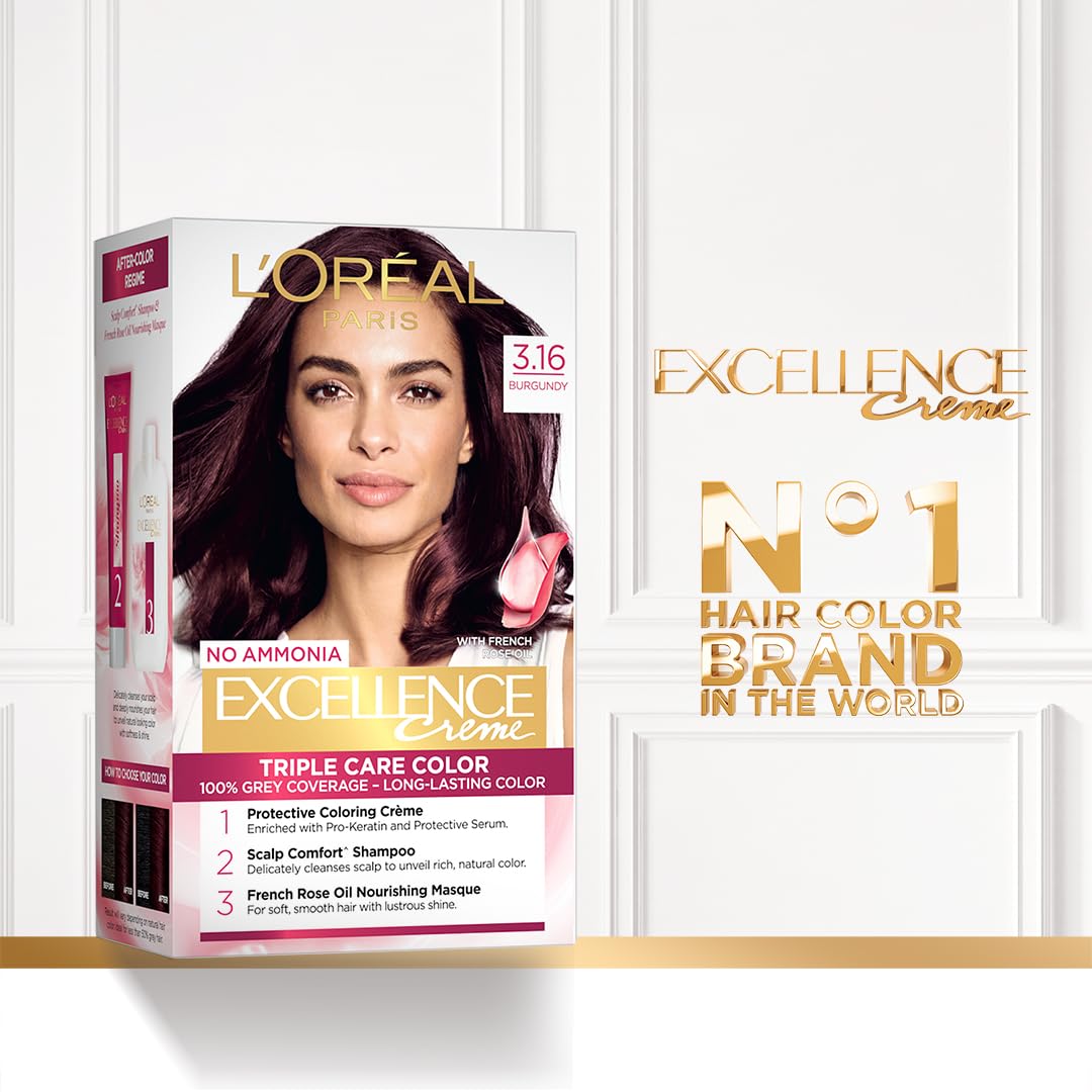 L'Oréal Paris Permanent Hair Colour, Radiant At-Home Hair Colour with up to 100% Grey Coverage, Pro-Keratin, Up to 8 Weeks of Colour, Excellence Crème, 3.16 Burgundy, 72ml+100g (Pack of 2)