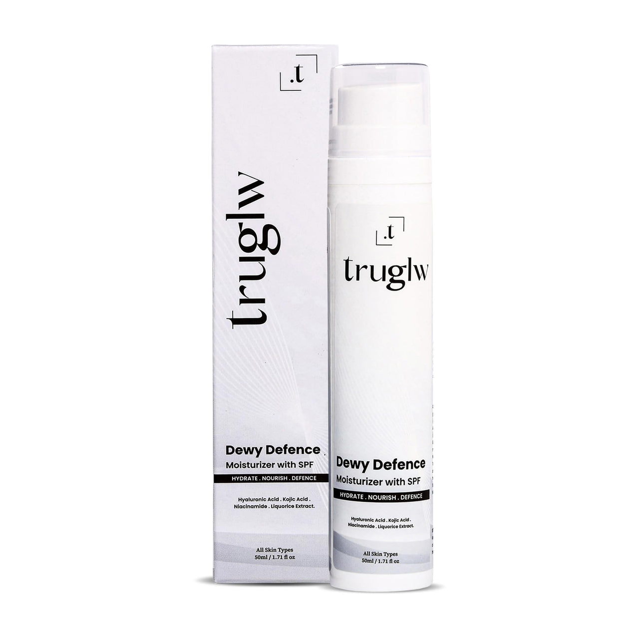 Truglw Dewy Defence Moisturizer with SPF | Hyaluronic Acid, Kojic Acid & Niacinamide | Hydrating, Brightening & Lightweight Sunscreen Moisturizer for Glowing Skin | Non-Sticky & Fast-Absorbing – 50ml