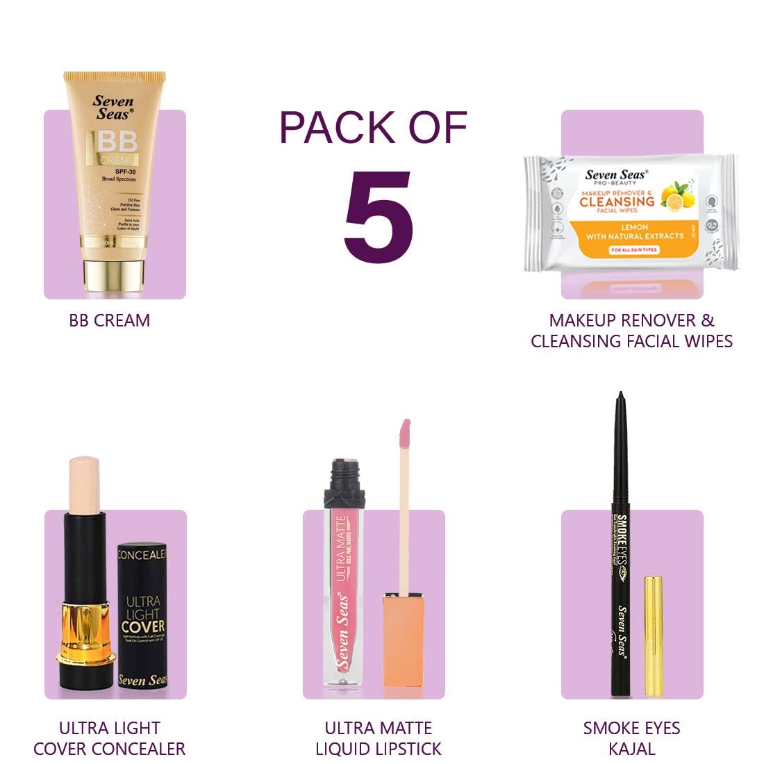 Seven Seas Light weight, BB Tube Board Spectrum Foundation, Face Primer, Liquid Lipstick, Oil Concealer, Kajal, Makeup Remover with | Full Coverage | face makeup (Combo set) (Women) (Skin)