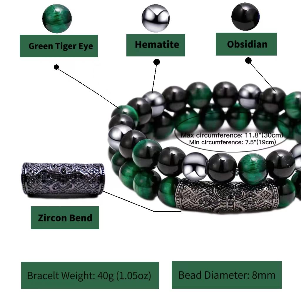 2Pcs Triple Protection Bracelet,Natural Tigers Eye Black Obsidian and Hematite 8 MM Beads Bracelet for Men Women Gift, Healing Crystal Bracelet Bring Luck and Prosperity and Happiness (Green) Green