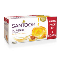 Santoor PureGlo Glycerine Soap with Almond Oil and Glycerine, 125g (Pack of 6) for Nourished Glowing Skin