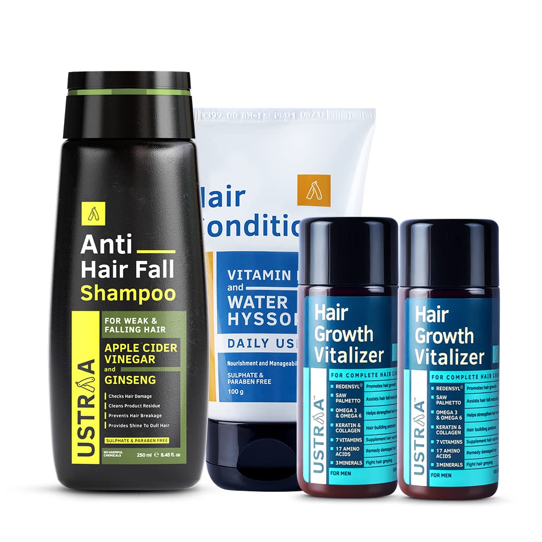Ustraa Anti Hair Fall Shampoo 250ml -With Apple Cider Vinegar | Daily Use Hair Conditioner - 100gm -No SLS, No Paraben & Hair Growth Vitalizer - 2 x 100ml (Pack of 2) - With Redensyl and Onion Extract