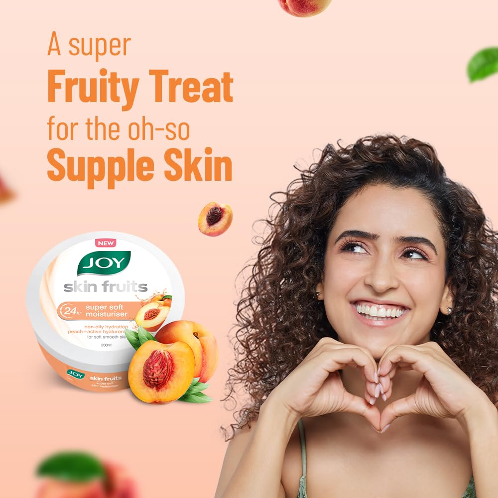 Joy Skin Fruits Super Soft Moisturizer With Peach & Hyaluronic Acid (200ml) | Cold Skin Cream for 24Hrs Moisturization of Face, Hands & Body | Oil Free Hydration For Soft & Smooth Skin
