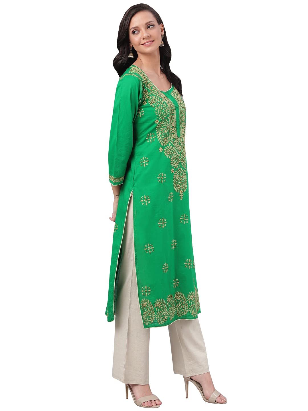 Ada Lucknowi Hand Embroidered Chikankari Straight Cotton Kurti Kurta for Women