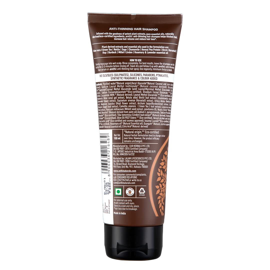 anthi: Anti-Hair Thinning Shampoo, Hair Thickening and Volume boosting, Sulphate and Paraben Free, Plant-origins shampoo, 100 ml