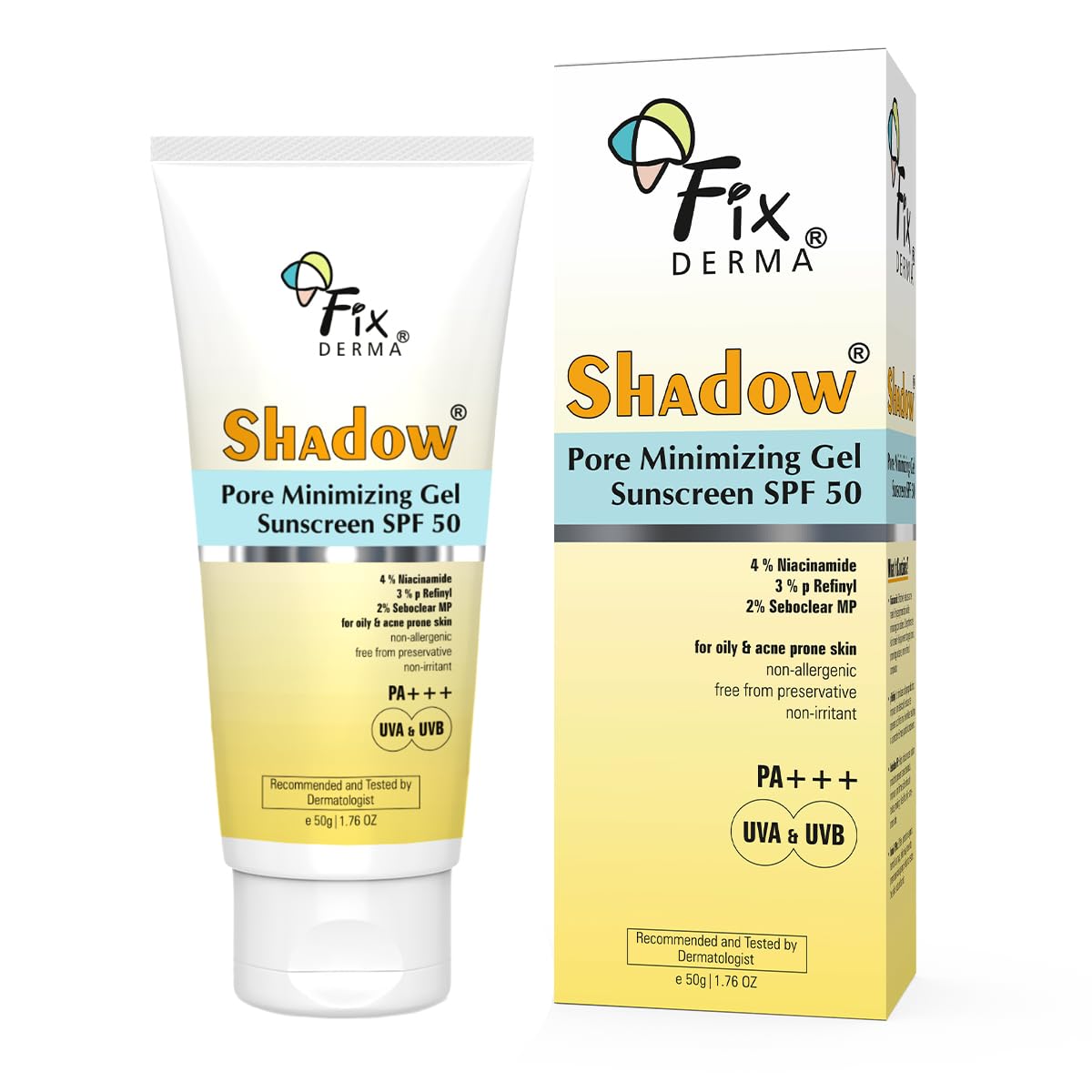 Fixderma Shadow Pore Minimizing Gel Sunscreen SPF 50 PA+++ with 4% Niacinamide, For UVA & UVB Protection | Sunscreen SPF 50 for Oily & Acne Prone Skin | Lightweight, No White Cast, Non-Greasy - 50GM