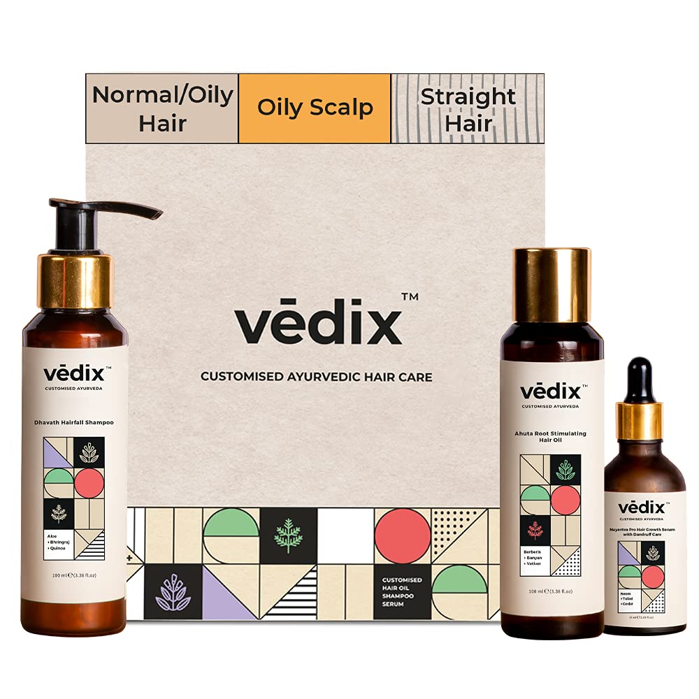 Vedix Customized Combo Pack Anti Hairfall Oil Berberis, 100ml & Banyan Anti-Hairfall Shampoo, 100ml & Nuyantra Pro Hair Growth Serum x Dandruff Care, 40ml (Pack Of 3) For Normal, Oily & Straight Hair