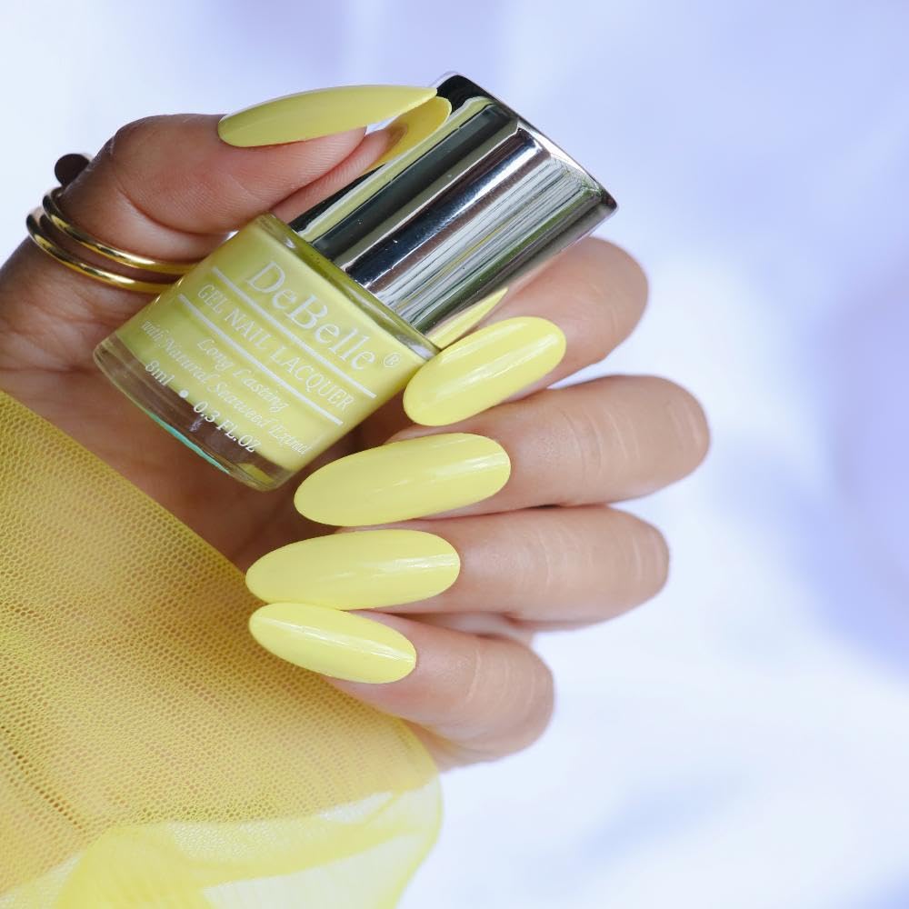 DeBelle Gel Nail Polish Lemon Tart (Lemon Yellow)|Non UV - Gel Finish |Chip Resistant | Seaweed Enriched Formula| Long Lasting|Cruelty and Toxic Free| 8ml Glossy Finish