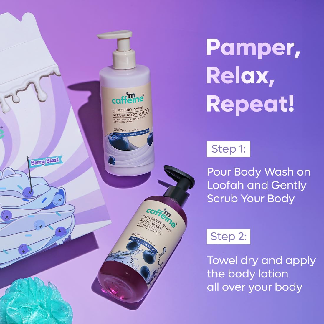 mcaffeine Blueberry Escape Bath & Body Gift Kit|Body Wash, Body Lotion, Teal Loofah|Gift Set For Men And Women|Pampering Kit For Birthday, Anniversary & All Special Occasions| 100% Vegan