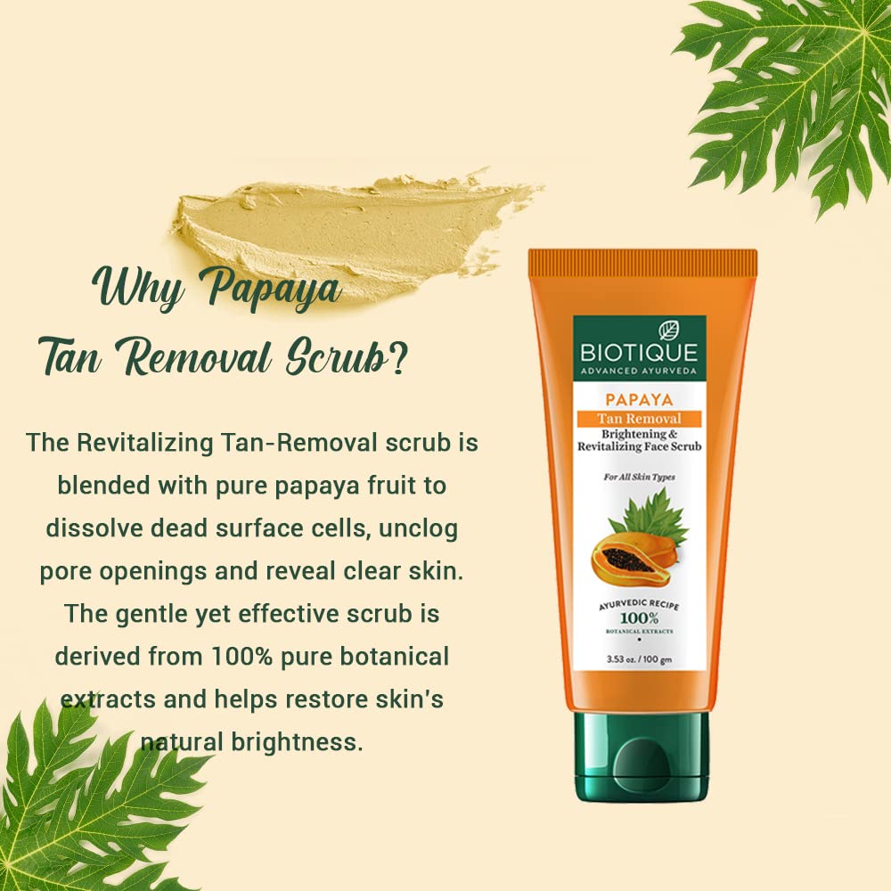 Biotique Papaya Tan Removal Brightening & Revitalizing Face Scrub | Gentle Exfoliation | Smooth and Clear Complexation | 100% Botanical Extracts| Suitable for All Skin Types | 100g (Pack of 3)