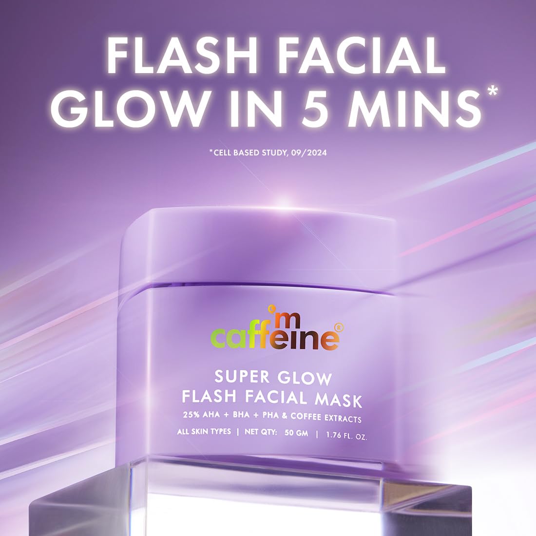 mCaffeine Super Glow Flash Facial 25% AHA+BHA+PHA Face Mask | 5 Mins Glow Face Pack | Instant Brightening | Unclogs Pores, Removes Blackhead & Dead Skin | Tan Removal | Color Changing Mask - 50gm