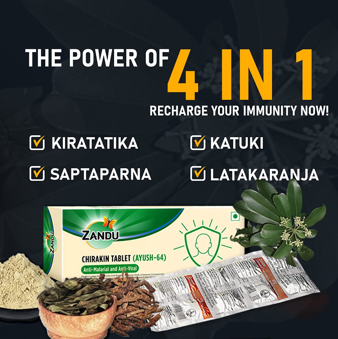 Zandu Chirakin Tablets (Ayush 64), Protection from Infections and Antiviral Properties, Helps in Managing & Building Overall Immunity, Health & Wellness - (Pack of 10 Tablets x 12 Strips)