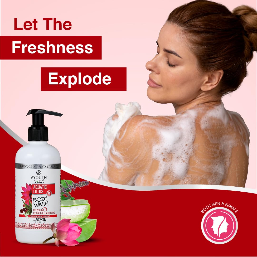 Ayouthveda Aquatic Lotus Body Wash with Rich Blend Of Aloevera, Lotus & Holy Basil |Refreshes, Deep Cleanses & Hydrates the Body | Gentle body wash for Daily use (Pack of 1-300ml)