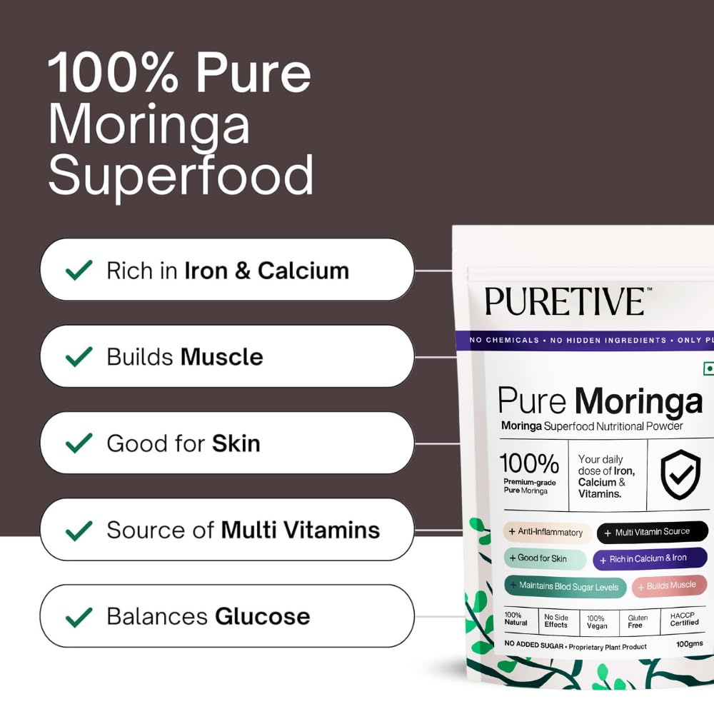 Puretive Pure Moringa Powder | Essential Nutrition Superfood, Helps Naturally Boost Energy Levels, Improves Stamina & Vitality, Rich In Vitamins & Minerals | Best Moringa Powder | 100gms