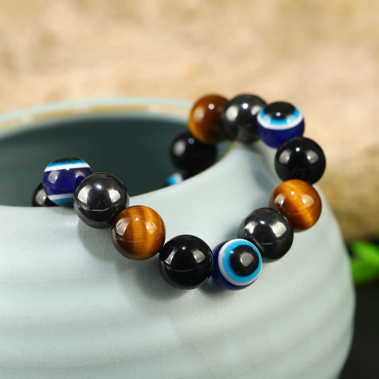 mens beaded bracelets（evil eye, tigers eye,hematite, obsidian）A handmade beaded crystal healing bracelet that can bring luck, happiness and protection(10mm elastic) 10mm elastic