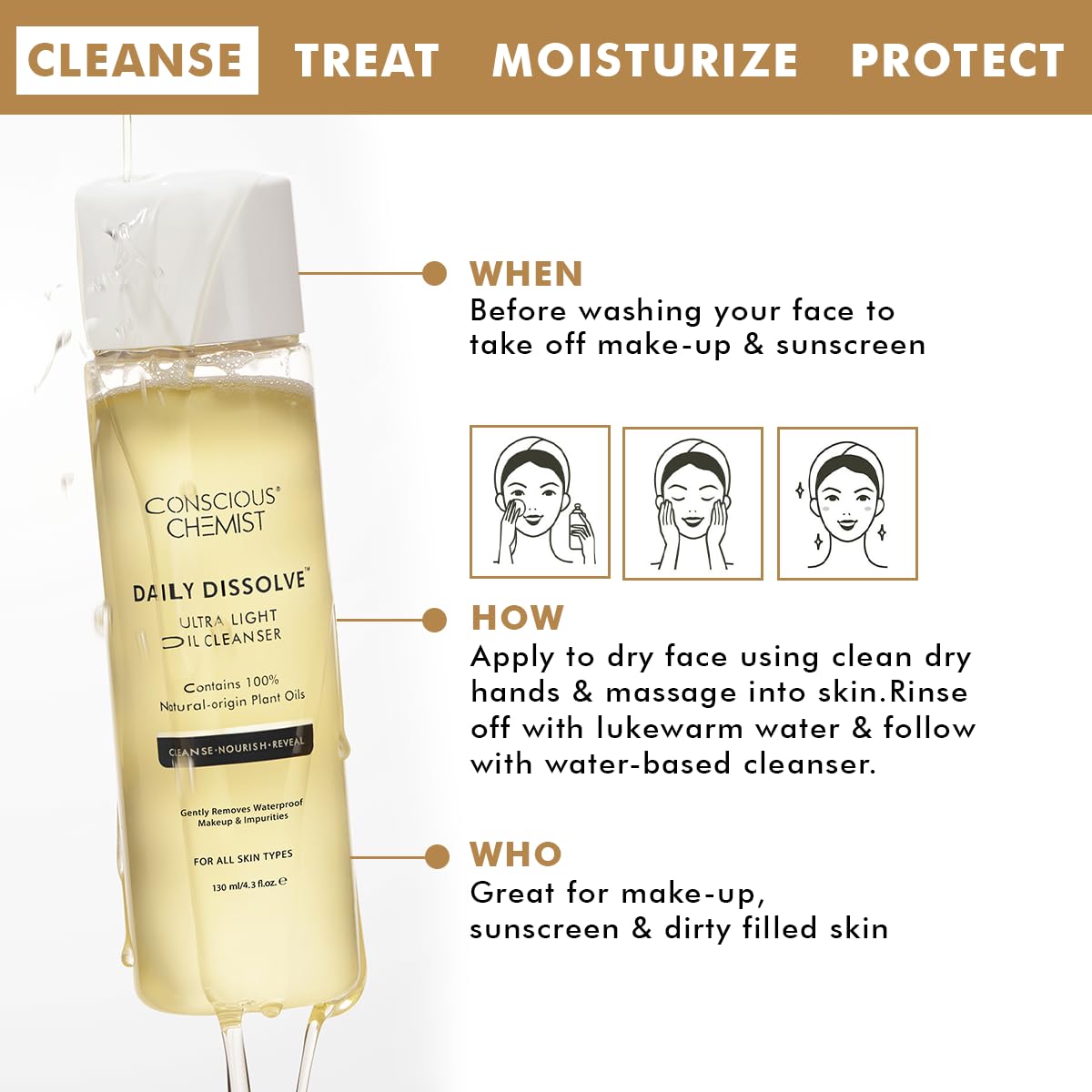 Conscious Chemist Makeup Remover Oil Cleanser|130 Ml|Face Wash, Cleanser Oily Skin, Makeup Remover. Men & Women. Removes Waterproof Makeup, Spf & Impurities. Soft & Glowing Skin - Daily Dissolve