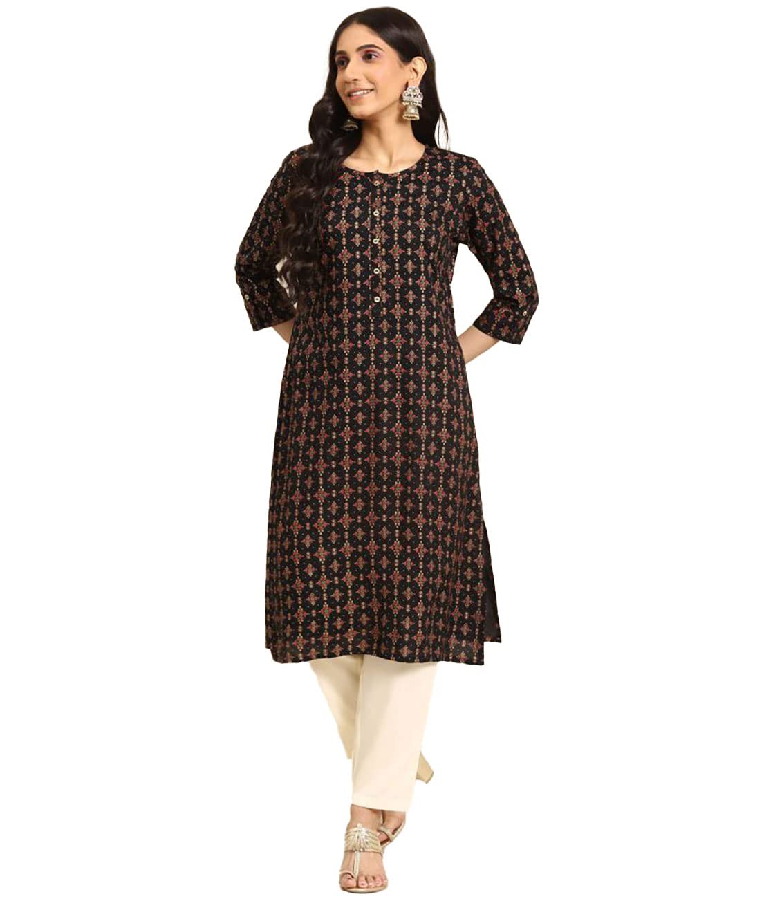rangita Women Rayon Gold Printed Calf Length Straight Kurti