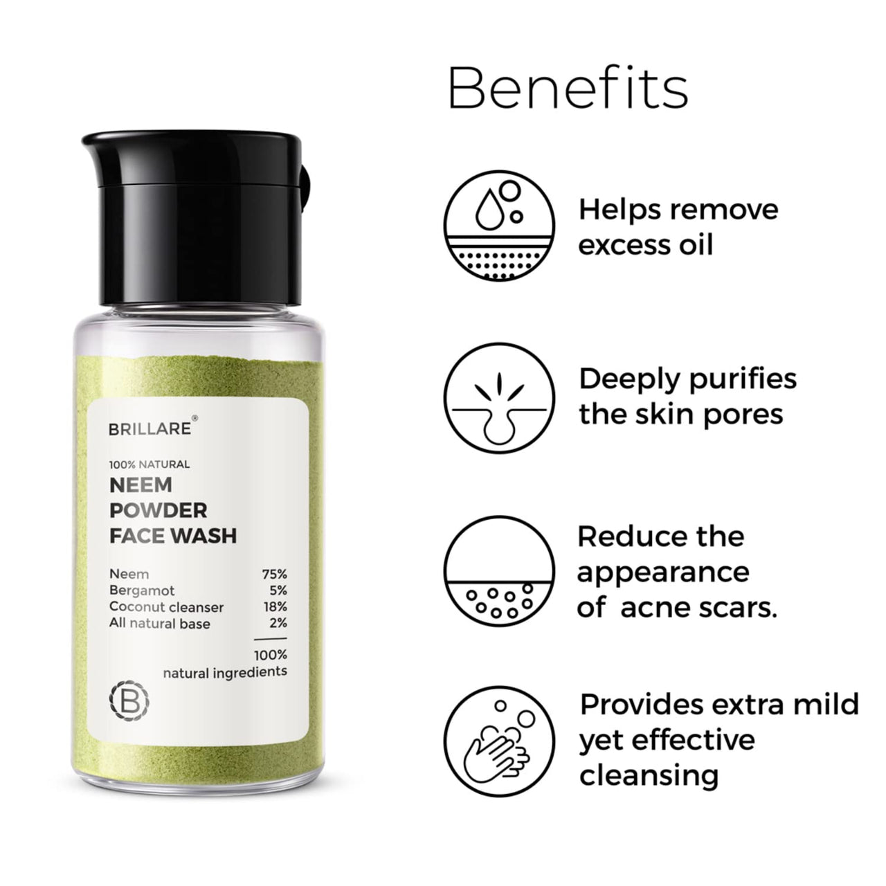 Brillare Neem Face Wash for Acne & Pimples, with Bergamot for Clear Skin, 100% Natural Powder Facewash for Acne Prone Skin, Pimples & Blemishes, 15g