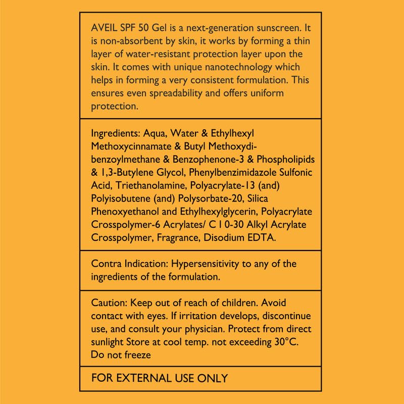 AVEIL Gel Sunscreen SPF 50 | Non-Greasy, Non-Absorbent & No White Cast | For All Skin Types | UVA, UVB, UV & Infrared Rays Protection | Skin Rejuvenating | Repairs from Photo-Ageing | Pack of 1-50ml