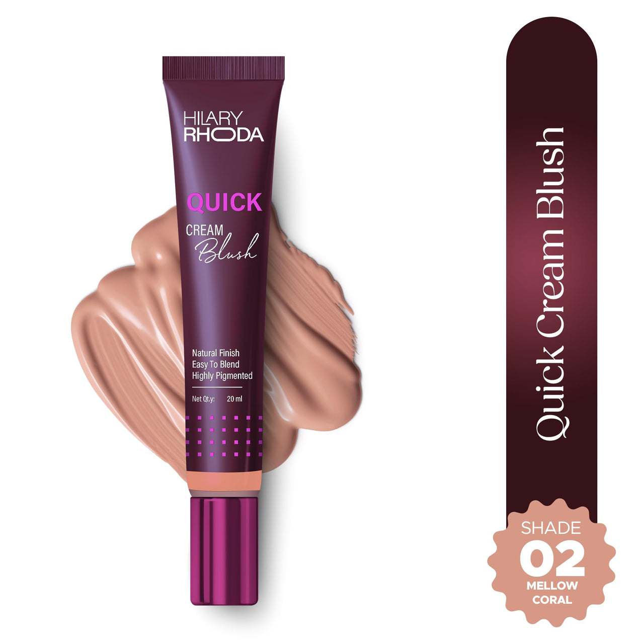 Hilary Rhoda Quick Cream Blush | Highly Pigmented & Dewy Finish | Long-Lasting | Buildable Coverage | Weightless & Easy to Apply | Cream Blush | 20 ml (Mellow Coral - Shade 02)