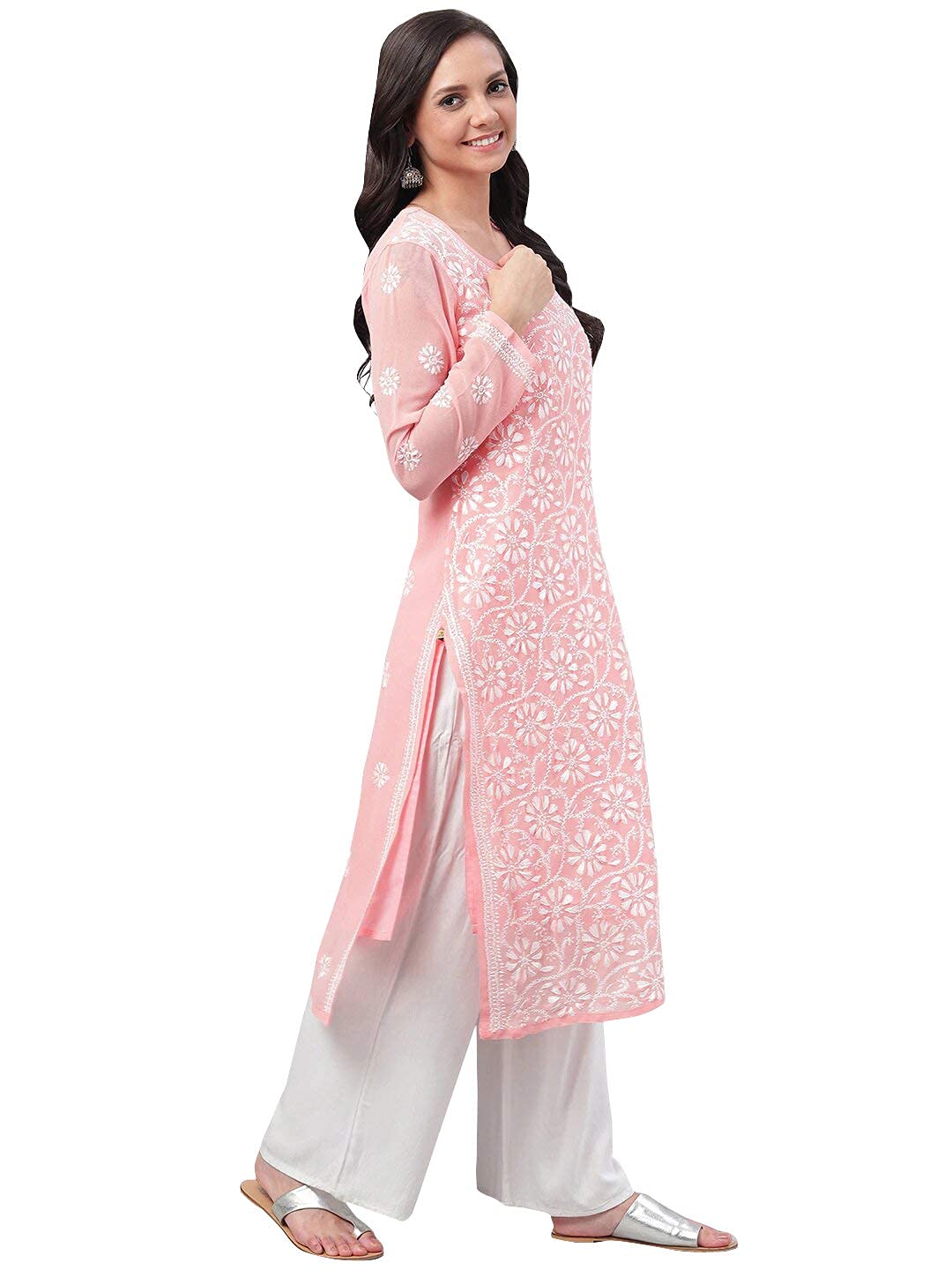 Ada Hand Embroidered Women's  Georgette Lucknowi Chikankari Kurta with Slip A90397 White