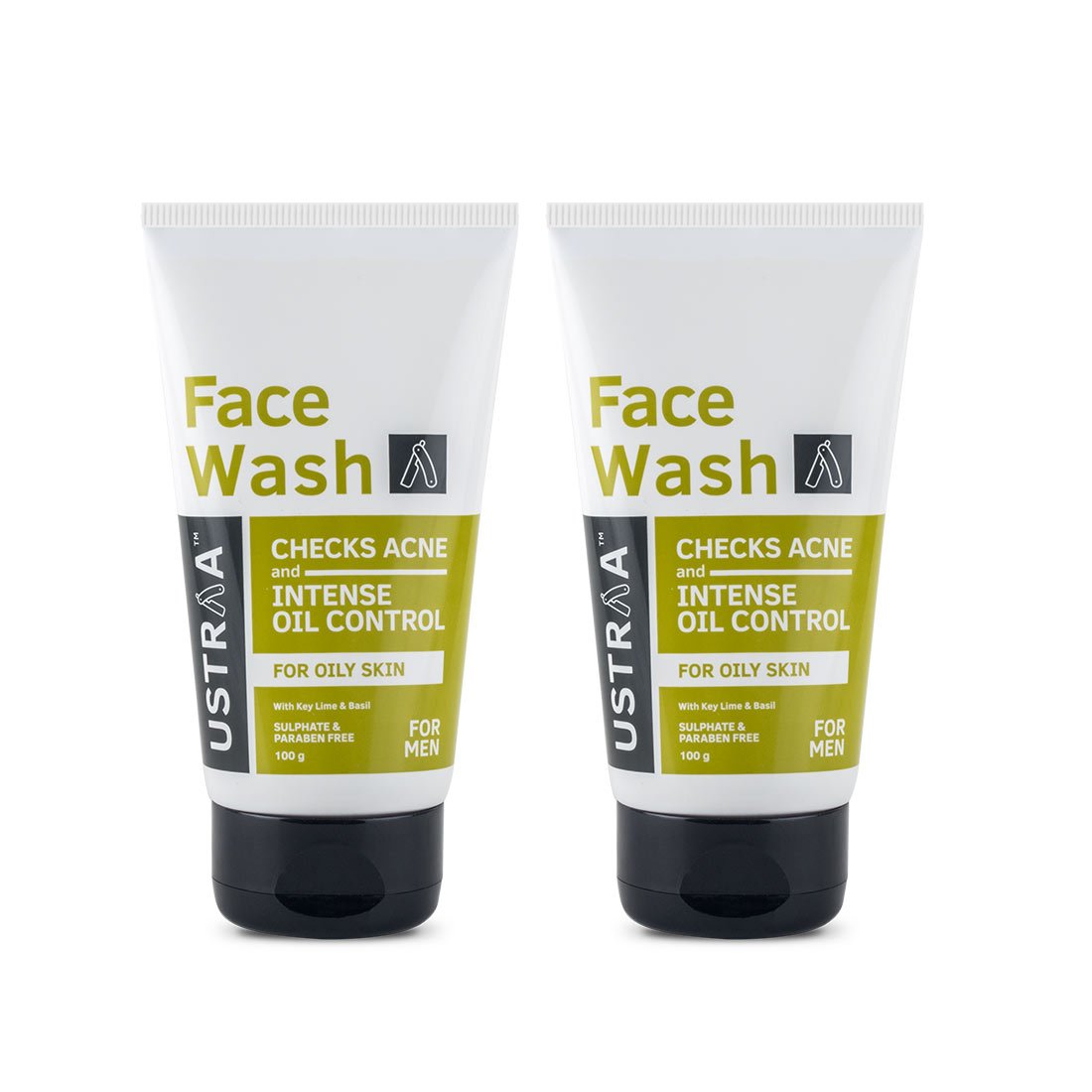 Ustraa Face Wash - Oily Skin - 2 x 100g (Pack of 2) - With Basil & Key Lime - For Acne-Prone Skin | No SLS | Checks Acne & Blackheads | Control Excess Oil, Removes Dirt and Helps Repair Skin