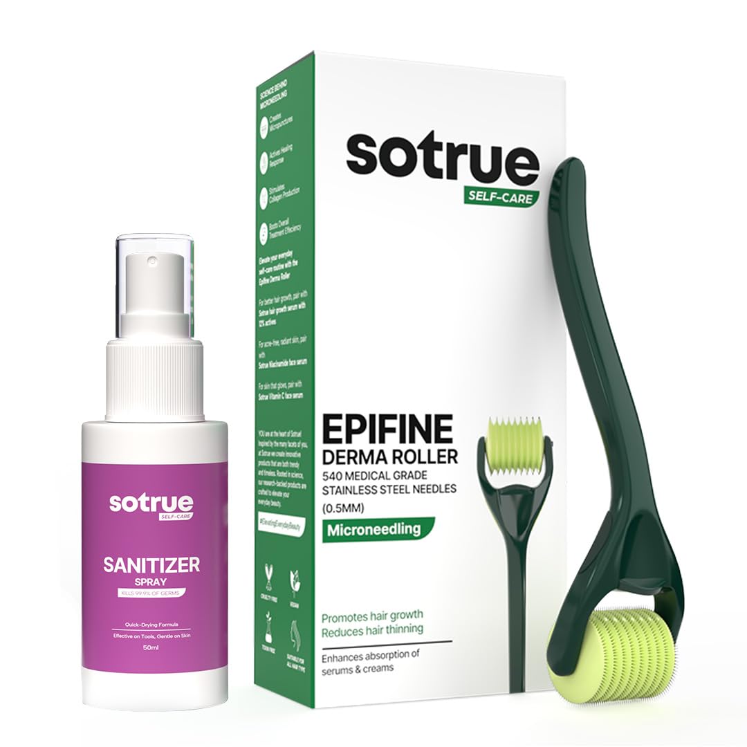 Sotrue Epifine Derma Roller 0.5mm with Sanitizer | 540 Medical Grade Stainless Steel Needles | Derma Roller for Hair Growth & Thickening, Repair Damages and Activates Hair Follicles (Green)
