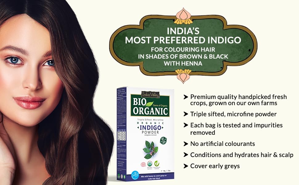 Indus Valley Bio Organic 100% Herbal Indigo Powder for Natural Hair Coloring, Organic Indigo Powder Protects hair from Damage - 100 gm