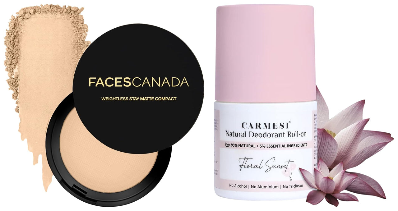 Carmesi Natural UnderArms Roll On Deodorant for Women 50ml and FACES CANADA Weightless Stay Matte Finish Compact Powder - Natural 9 g