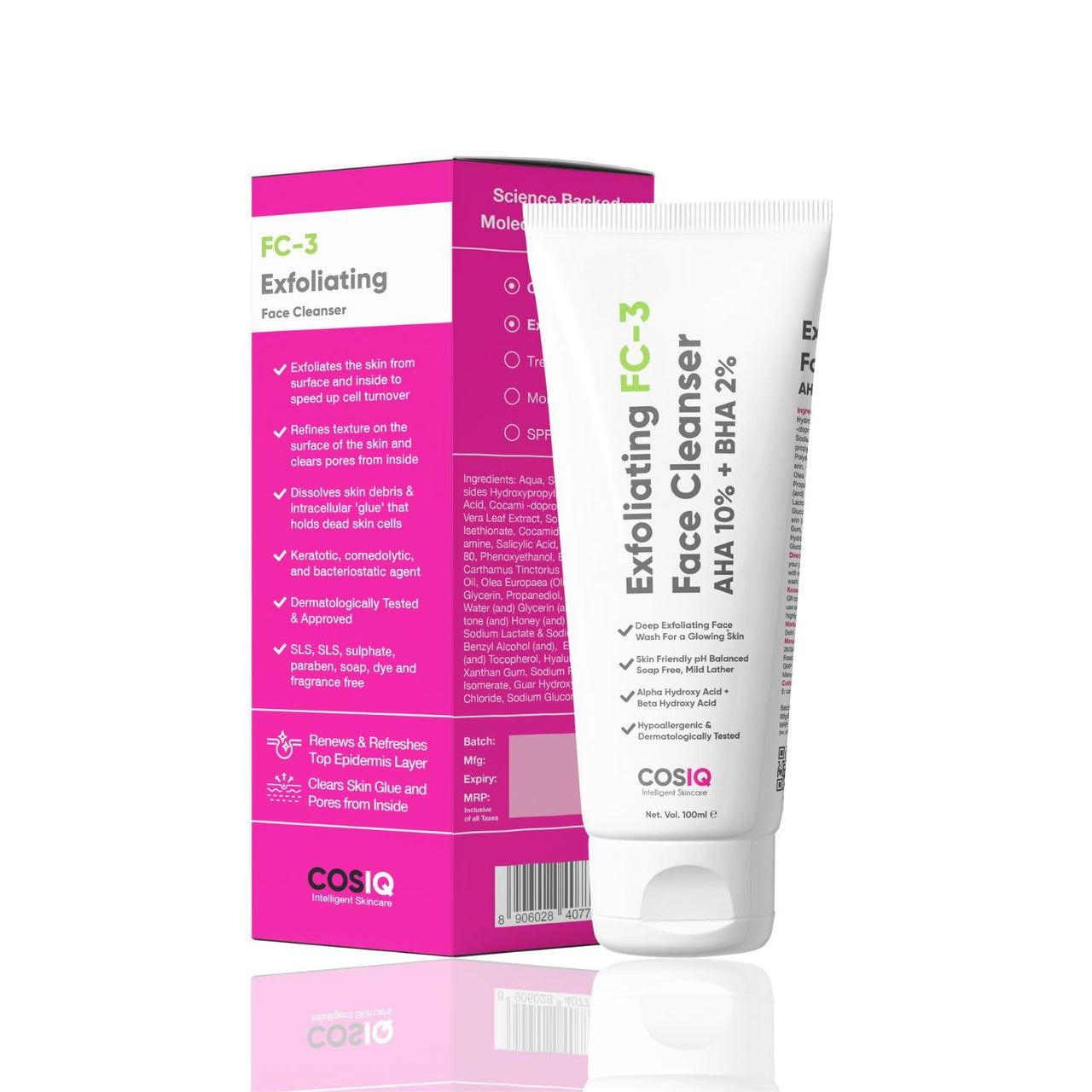 Cos-IQ Exfoliating Face Wash for Oily & Dry Skin | 2% Salicylic Acid BHA & 10% Glycolic Acid AHA | Sulphate-Free Anti-Acne Face Cleanser for Acne, Pimples, Skin Brightening, Dirt & Oil Control | 100ml