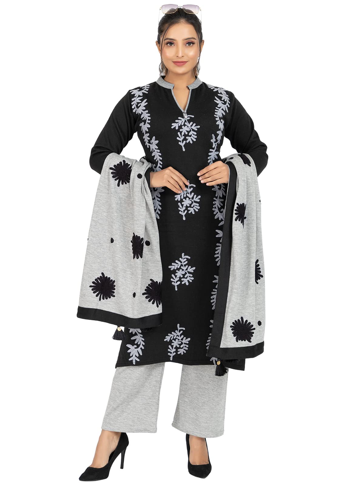 Rosary Women's  Woolen Winter Wear Mandarin Neck Full Sleeve Two Side Pocket Straight Kurta with Palazzo & Stole Set of 3 pc M Navy