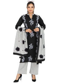 Rosary Women's  Woolen Winter Wear Mandarin Neck Full Sleeve Two Side Pocket Straight Kurta with Palazzo & Stole Set of 3 pc M Navy
