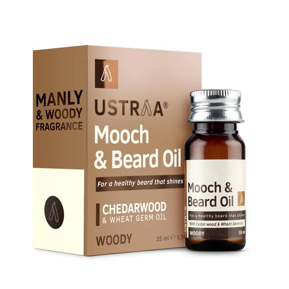 Ustraa Woody Mooch and Beard Oil - 35ml - Shine, Nourishment & Pleasant Fragrance for beard | No Paraben | Cedar Wood Essential Oil & Wheat Germ Oil rich in Vitamin E