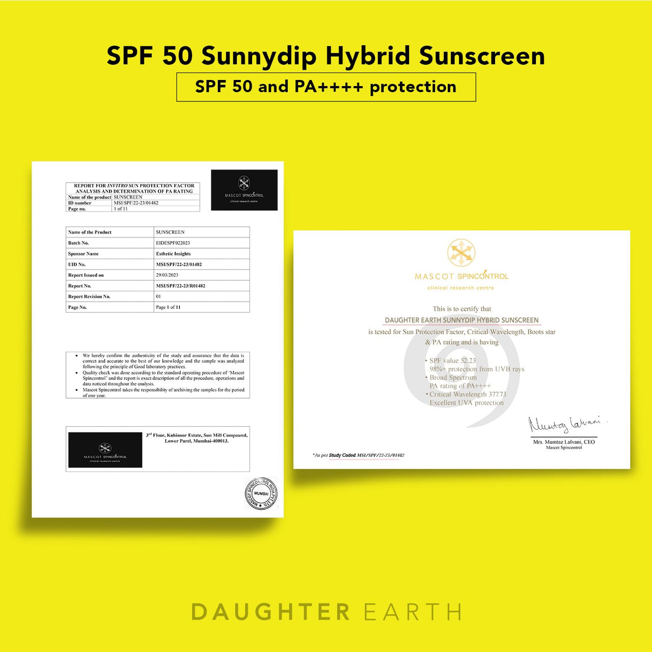 DAUGHTER EARTH Sunnydip Hybrid Sunscreen SPF 50 PA++++ | No White Cast, Hydrating Broad Spectrum, Very High Protection With Vitamin C & Sea Kelp | Lightweight, Non-Greasy For All Skin Types - 50ml