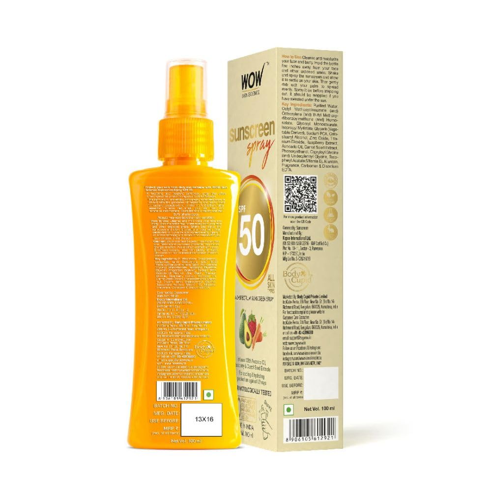 WOW Skin Science Sunscreen Spray | For All Skin Types| SPF 50 PA++++ | Brightens Skin | With Aloe Vera & Vitamin C| Lightweight | Quick Absorbing | UVA & UVB Protection | 100mL