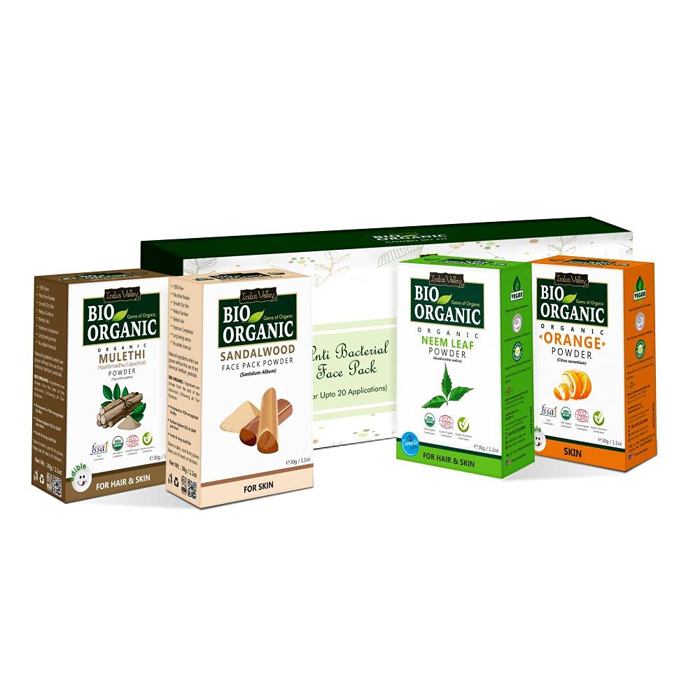 INDUS VALLEY Antibacterial Face Pack (Neem & Mulethi Powder,Orange Powder,Sandalwood) Beauty Gift Set -120g, Each 30gm
