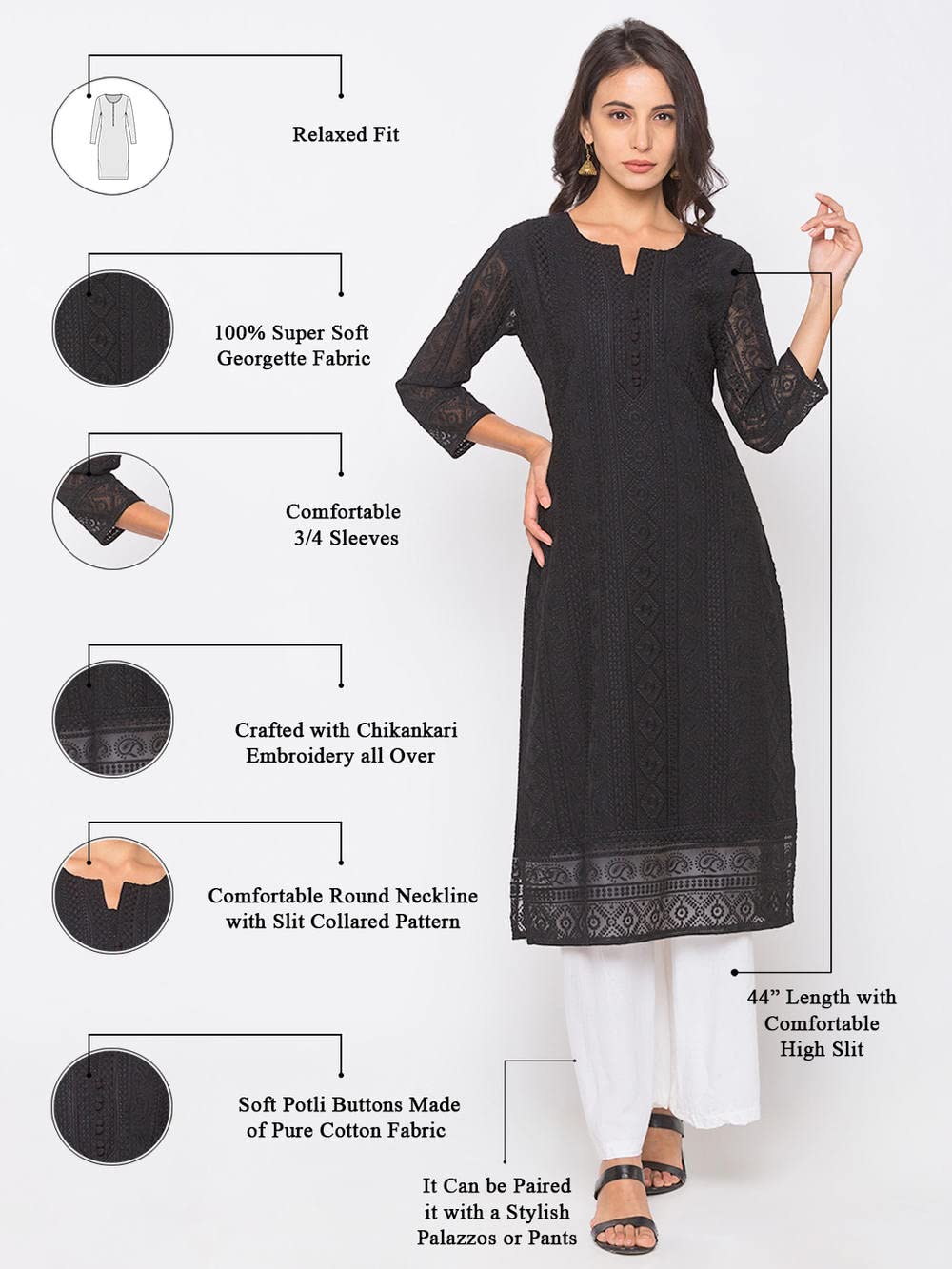ZOLA Exclusive Georgette Round Neck with 3/4Th Sleeves and Calf Length Luckhnowi Chikan Kari Kurta with Button Placket On Yolk Ethnic Wear Straight Kurta for Women