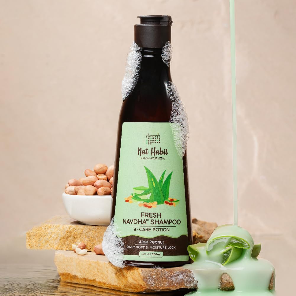 Nat Habit Aloe Peanut Navdha Shampoo - Natural Cleanser for Women & Men, Locks Intense Moisture, Renders Sheen, For Daily Hair Softness, 250ml