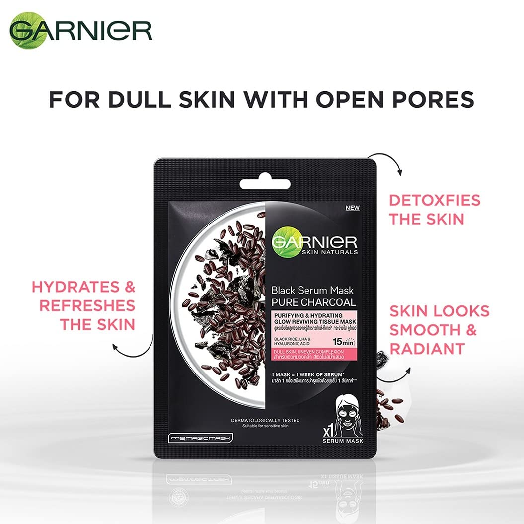 Garnier Skin Naturals, Face Masks, Hydrating, Purifying & Increases Glow, Black Serum Mask, 3 pc, 84g
