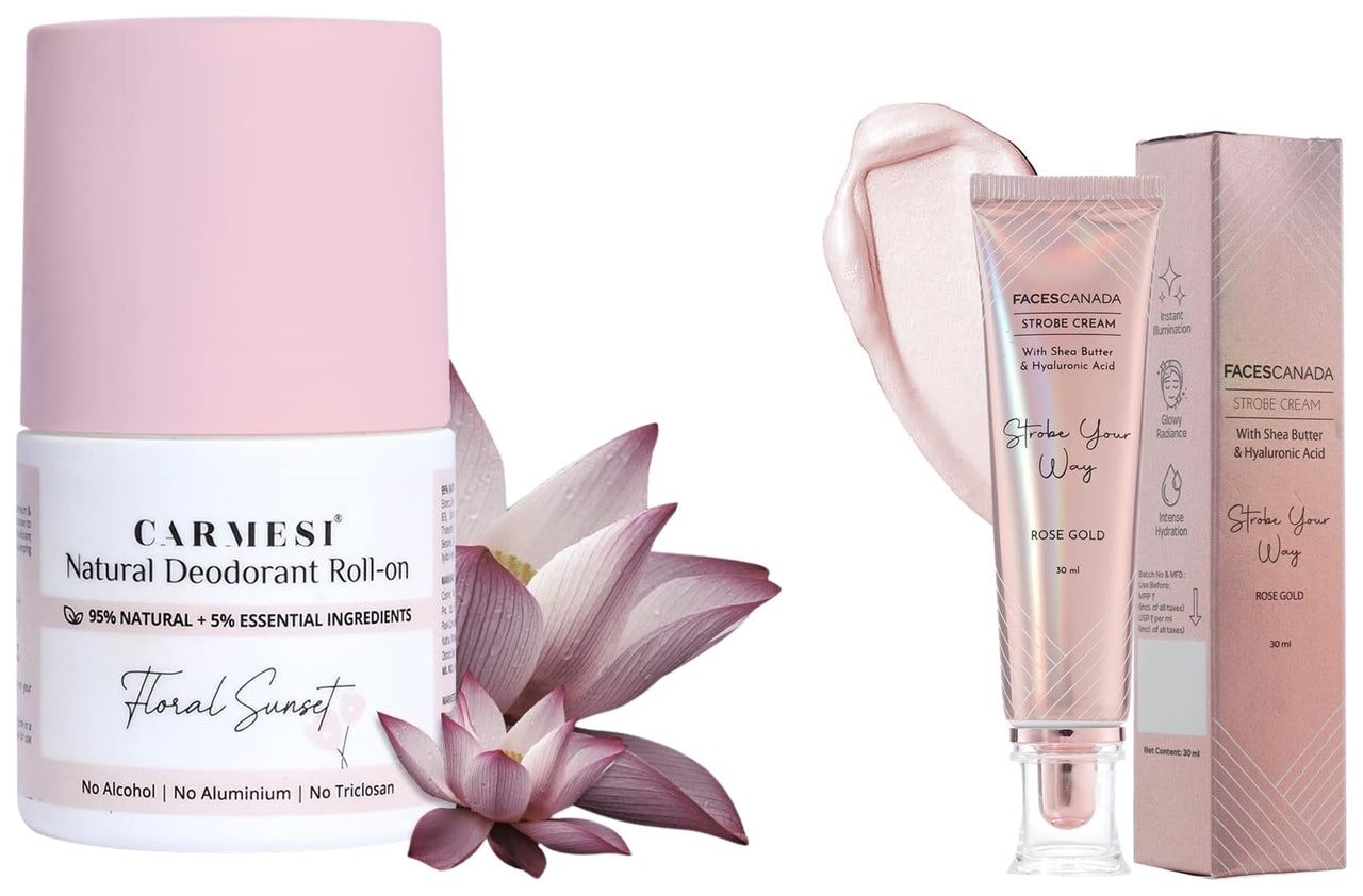 FACESCANADA Strobe Cream - Rose Gold, 30Ml And Carmesi Natural Underarms Roll On Deodorant For Women 50Ml