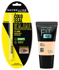 Maybelline New York Fit Me Matte+Poreless Liquid Foundation Medium Coverage For Oily Skin Tube, 128 Warm Nude, 18Ml & New York Colossal Kajal, Black, 0.35G, Pack Of 1