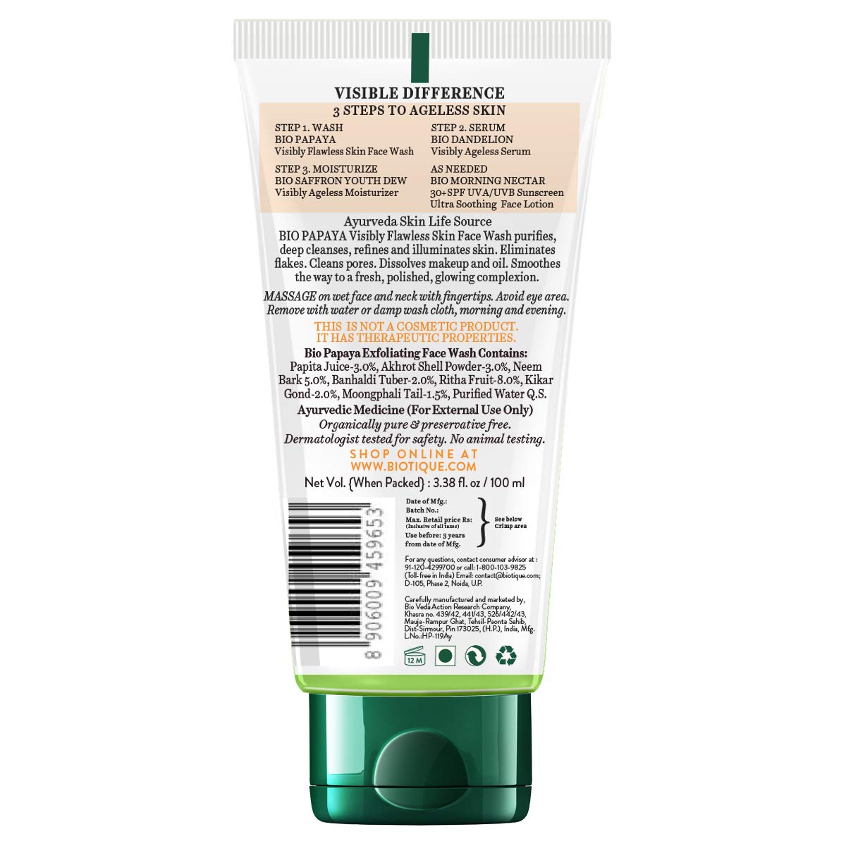 Biotique Bio Neem Purifying Face Wash For All Skin Types, 150ml & Bio Papaya Visibly Flawless Skin Face Wash (Soft Scrub) 100ml