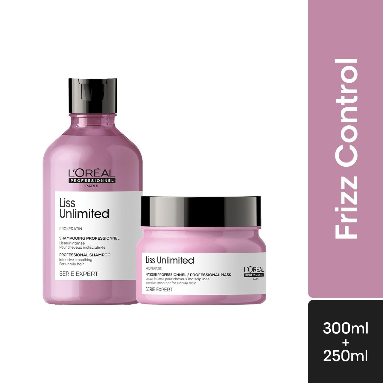 L'OREAL PROFESSIONNEL PARIS Liss Unlimited Shampoo 300Ml And Hair Mask 250Gm Combo For Rebellious Frizzy Hair, Serie Expert (Pack Of 2)