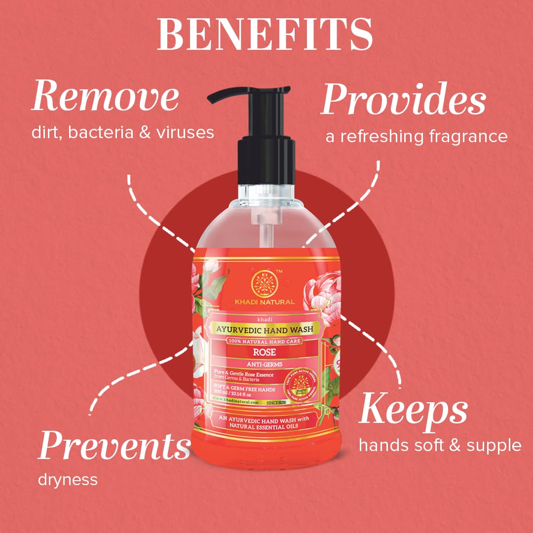Khadi Natural Handwash| Rose fragrance| Keeps skin hydrated| Maintains natural pH balance| Rebalances dry and sensitive skin| Pack of 2 (300 ml)