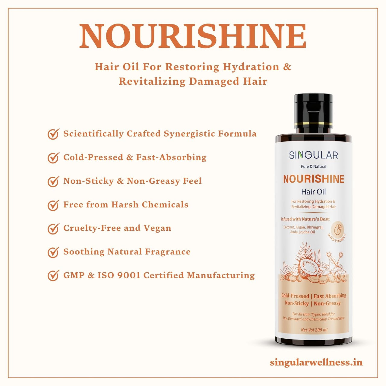 Singular Nourishine Hair Oil | Lightweight & Non-Greasy | Argan & Jojoba Oil for Dry, Frizzy & Low Porosity Hair | Cold-Pressed with Bhringraj, Coconut, Amla & Vitamin E – 200ml