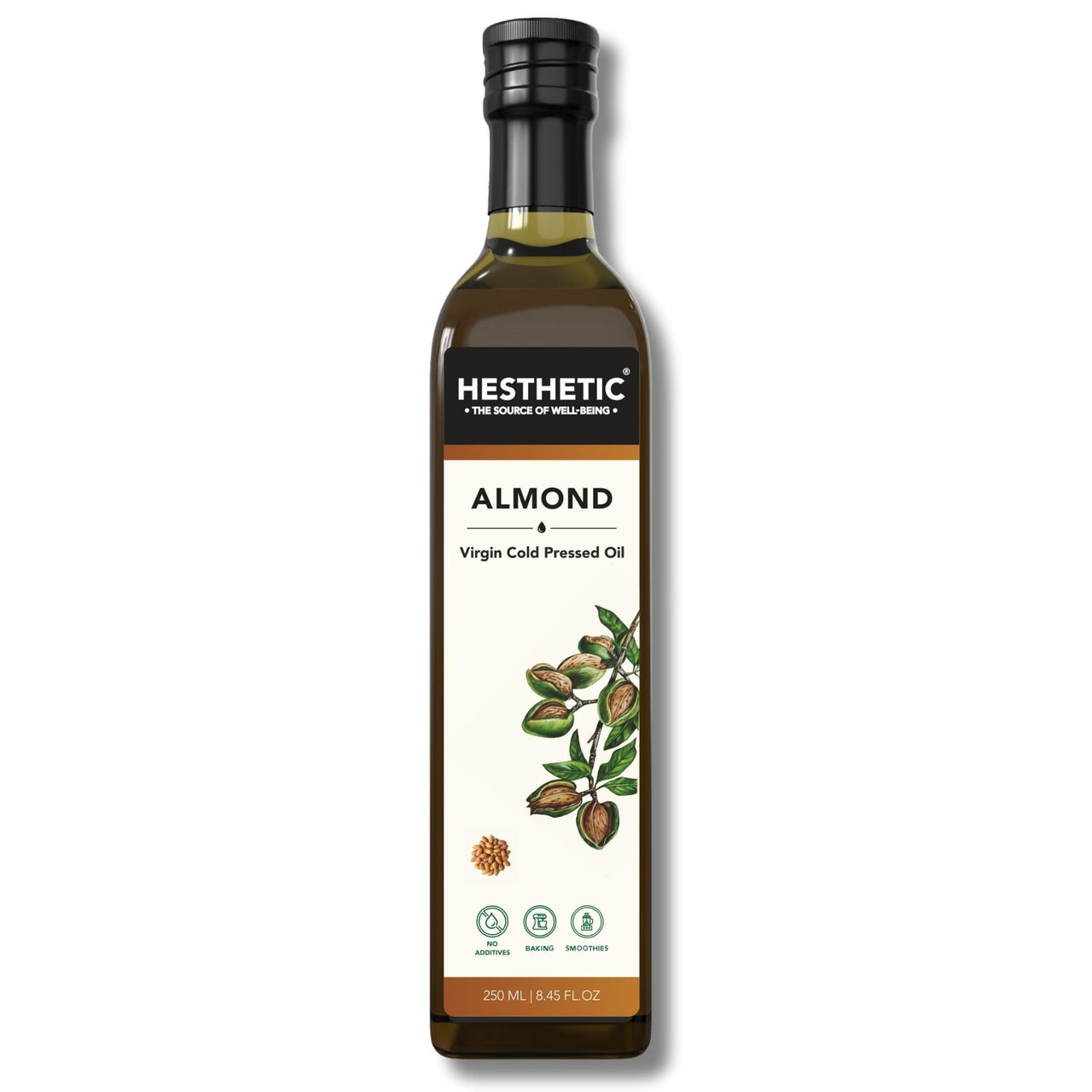 HESTHETIC Premium Virgin Cold Pressed Sweet Almond (Badam) Oil – 250ml, 100% Pure & Natural, Rich in Vitamin E, Moisturizing Oil for Skin, Hair & Nails, Cold-Pressed, Glass Bottle