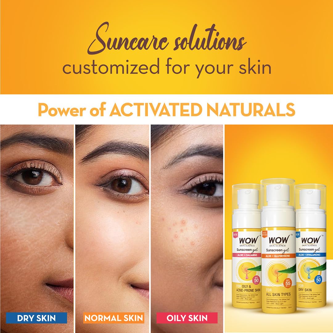 WOW Skin Science Sunscreen Gel For All Skin Types | SPF 55 PA++++ | With Glutathione & Aloe Vera Extract | Lightweight | Quick Absorbing | No White Cast | UVA & UVB Protection | 50 ml