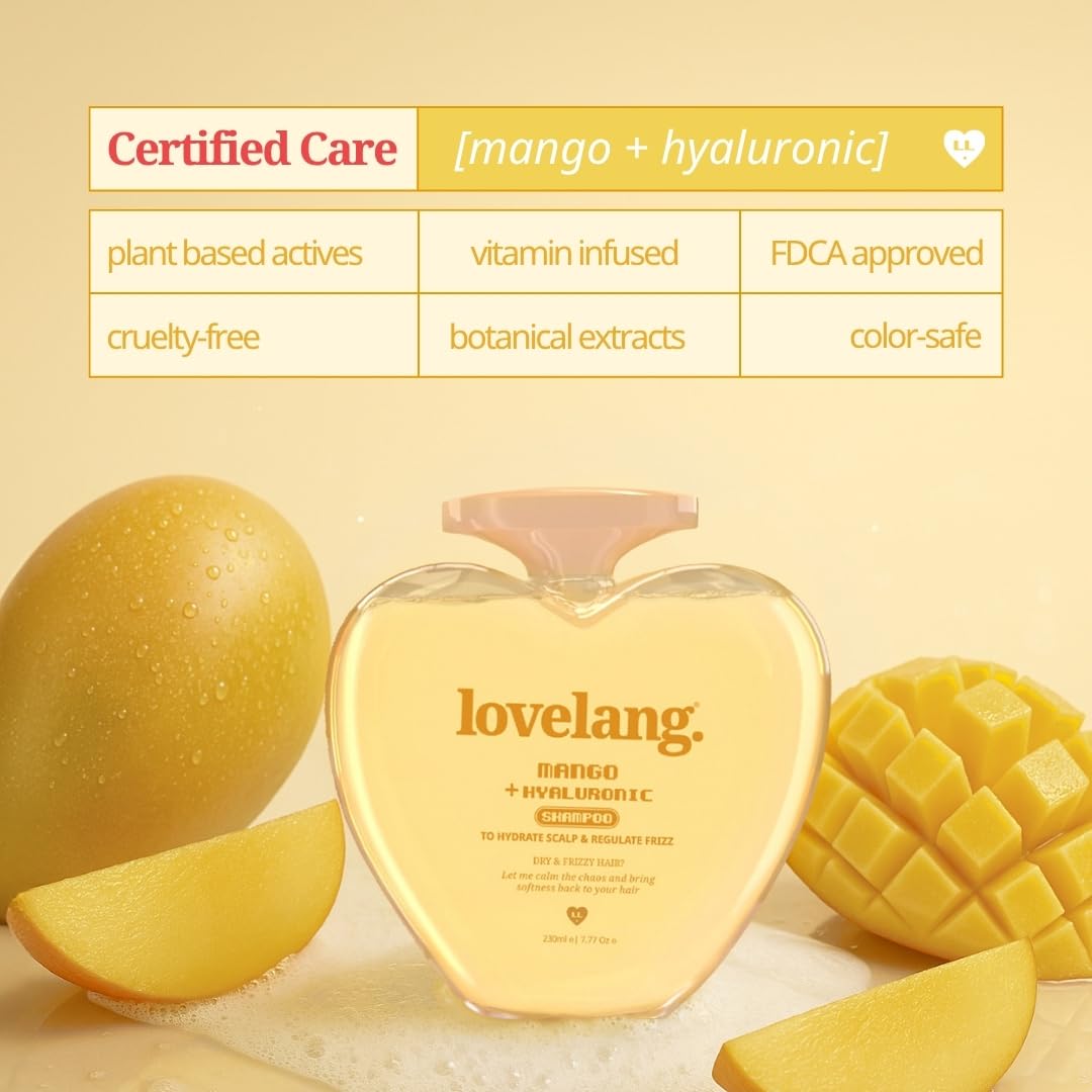 lovelang Mango + Hyaluronic Shampoo | Frizz Control & Hydration Boost | Smoothens & Softens Hair | for Dry, Frizzy Hair| Fruity Mango Scent | 230ml