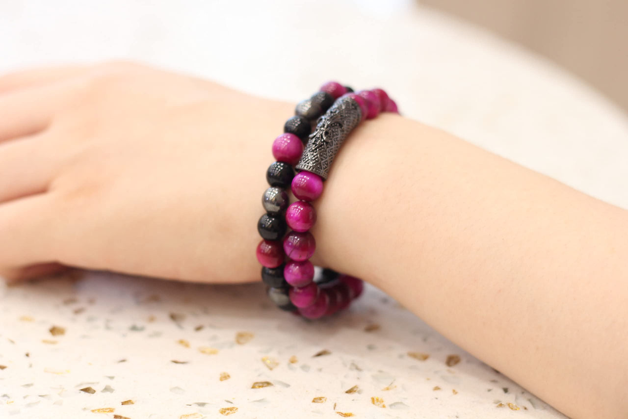 2Pcs Triple Protection Bracelet,Natural Tigers Eye Black Obsidian and Hematite 8 MM Beads Bracelet for Men Women Gift, Healing Crystal Bracelet Bring Luck and Prosperity and Happiness (Rose Red) Rose Red